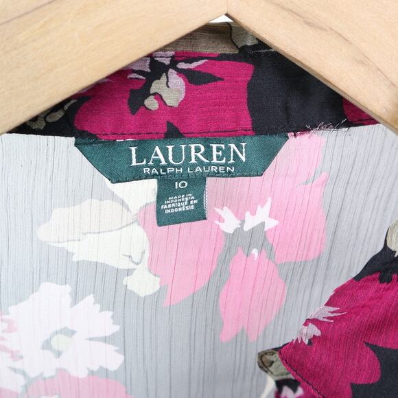 Ralph Lauren Size 10 Ruffled Sleeveless Blouse Sheer Floral Black Pink - Picture 9 of 10